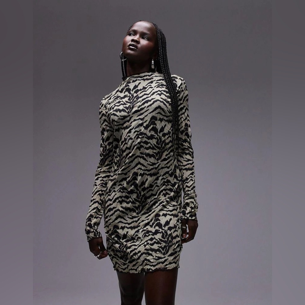 Topshop Zebra Print Long Sleeve Crinkle Minidress